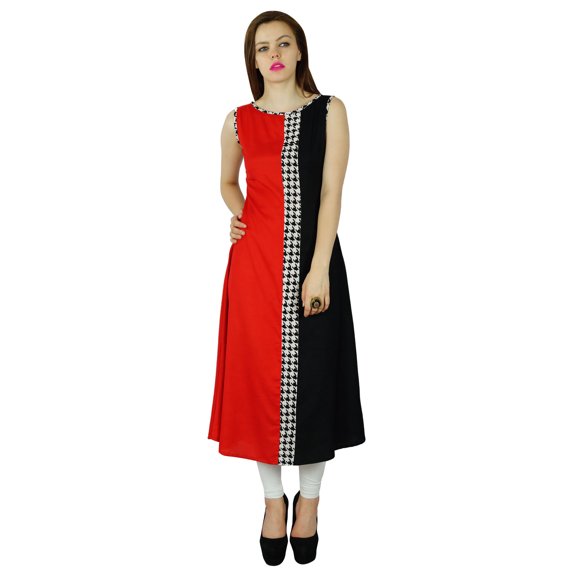 Bimba Women Black & Red Rayon Kurta Long Kurti Indian Blouse Sleeveless