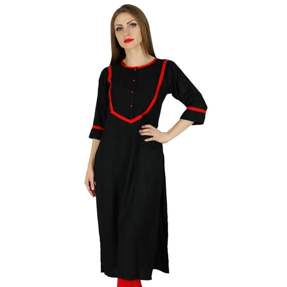 Bimba Women Black Red Rayon Tunic 3/4 Sleeve Kurta Kurti Casual Summer Clothing