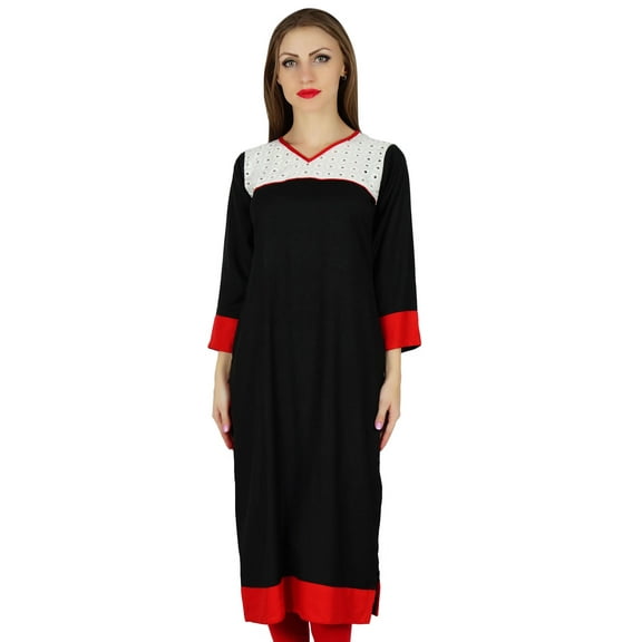 Bimba Women Black Red Straight Kurti Tunic Indian Ethnic Casual Formal Kurta