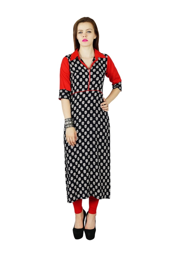 Women Black Red custom Kurta Kurti Rayon short Sleeve Summer Tunic Long Top Blouse Indian Clothing