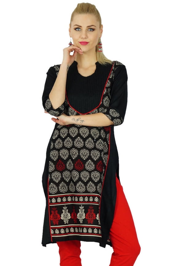 Women Black Short Kurta Kurti 3/4 Sleeve Formal Top Blouse