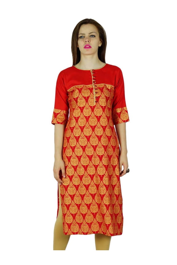 Women Block Print Red Cotton Kurta Kurti 3/4 Sleeve Tunic Long Blouse