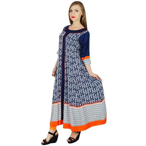 Bimba Women Blue Anarkali Kurta Kurti Fashionable Long Indian Ethnic Blouse Maxi