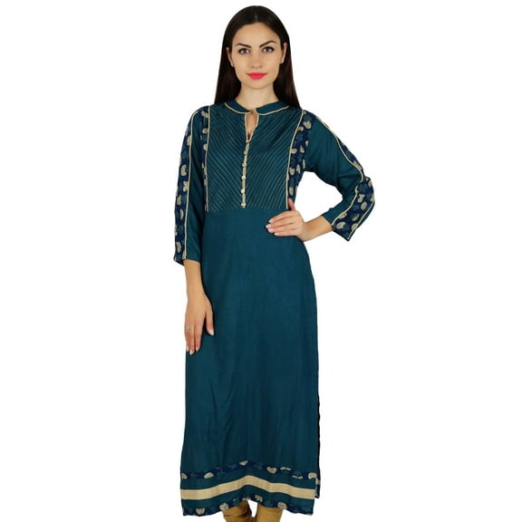 Bimba Women Blue Chic Style Tunic Indian Designer Kurta Kurti Boho Collar Neck Custom Blouse