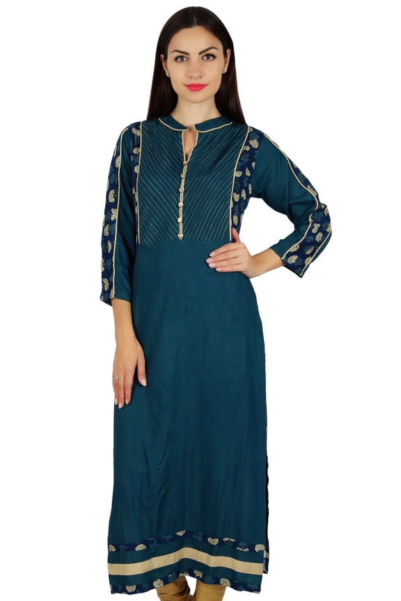 Women Blue Chic Style Tunic Indian Designer Kurta Kurti Boho Collar Neck Custom Blouse