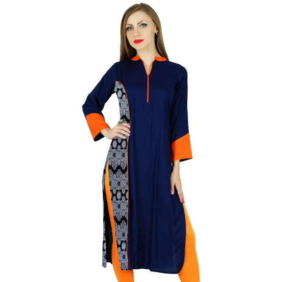 Bimba Women Blue Chic Style Tunic Indian Kurta Kurti Boho Collar Neck Blouse
