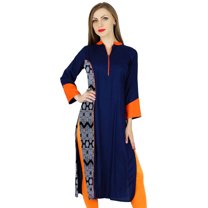Bimba Women Blue Chic Style Tunic Indian Kurta Kurti Boho Collar Neck Blouse