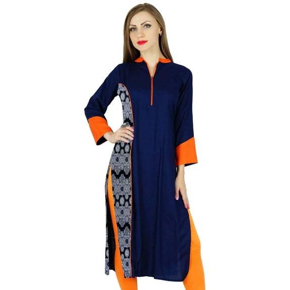Bimba Women Blue Chic Style Tunic Indian Kurta Kurti Boho Collar Neck Blouse