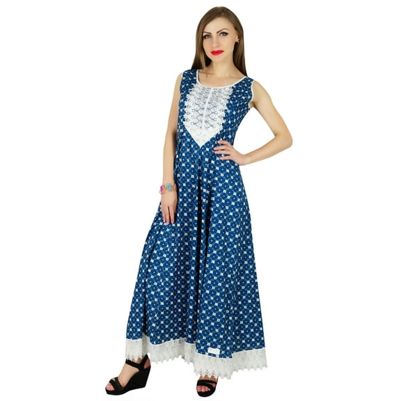 Bimba Women Blue Cotton Anarkali Kurti Long Maxi Kurta Sleeveless Casual Wear