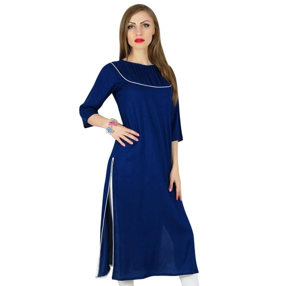 Bimba Women Blue Cotton Kurta Kurti Casual 3/4 Sleeve Formal Tunic Summer Blouse