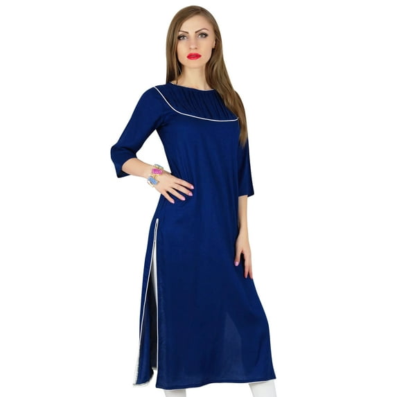 Bimba Women Blue Cotton Kurta Kurti Casual 3/4 Sleeve Formal Tunic Summer Blouse