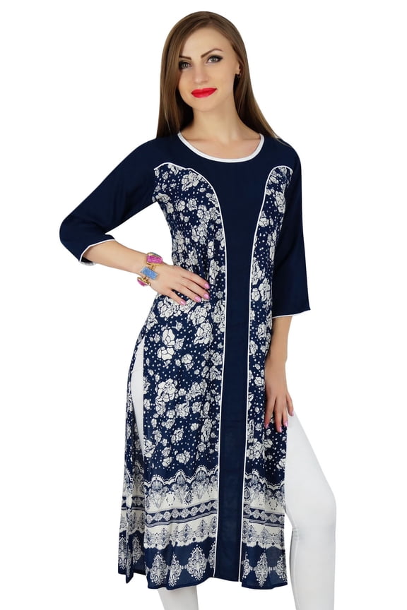 Women Blue Cotton Kurta Kurti Casual Formal Tunic Summer Blouse 3/4 Sleeve