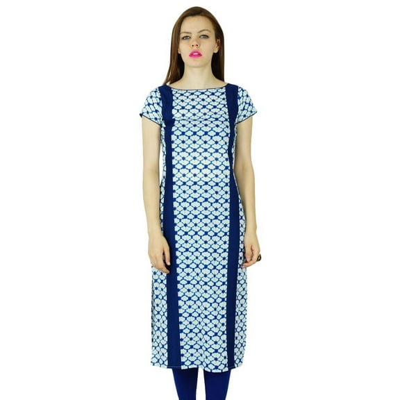 Bimba Women Blue Cotton Kurta Scoop Neck Kurti Indian Long Tunic
