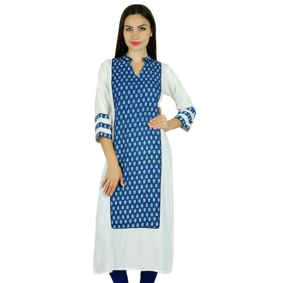 Bimba Women Blue Cotton Long Straight Kurta Kurti Casual Blouse Summer Wear