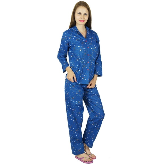 Bimba Women Blue Cotton Night Wear Printed Pajama Set Full Sleeve Shirt with Pyjamas