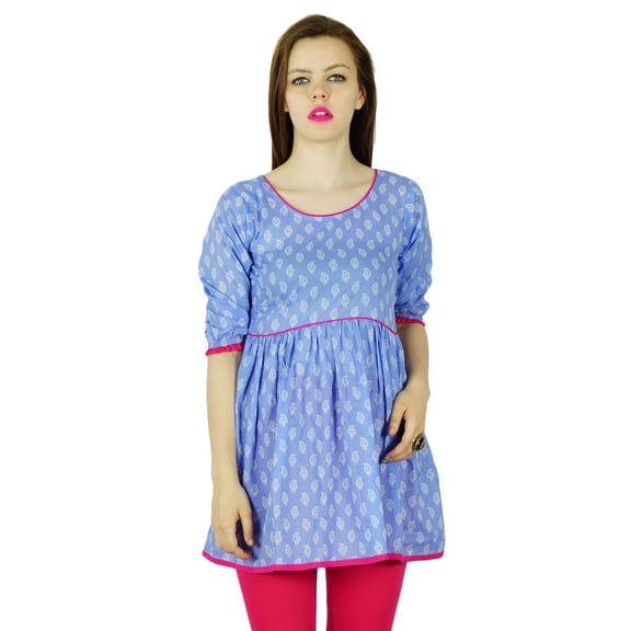 Bimba Women Blue Cotton Tunic Top Indian Blouse 3/4 Sleeve Kurta Kurti