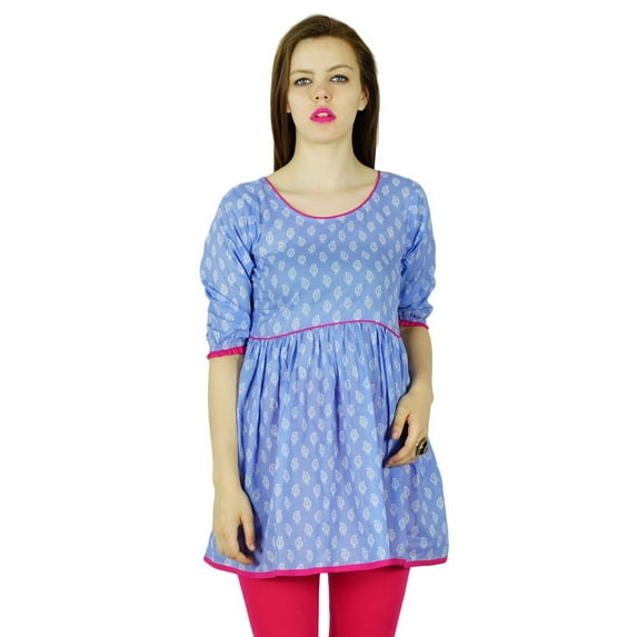 Bimba Women Blue Cotton Tunic Top Indian Blouse 3/4 Sleeve Kurta Kurti