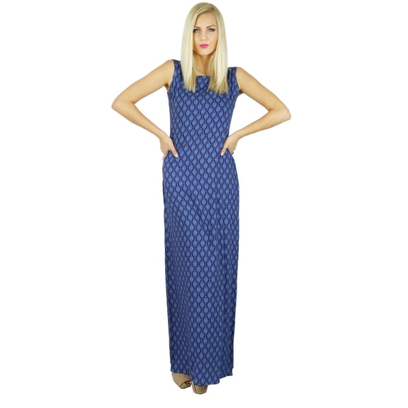 Bimba Women Blue Long Maxi Dress Bohemian Casual Clothing Summer Gown