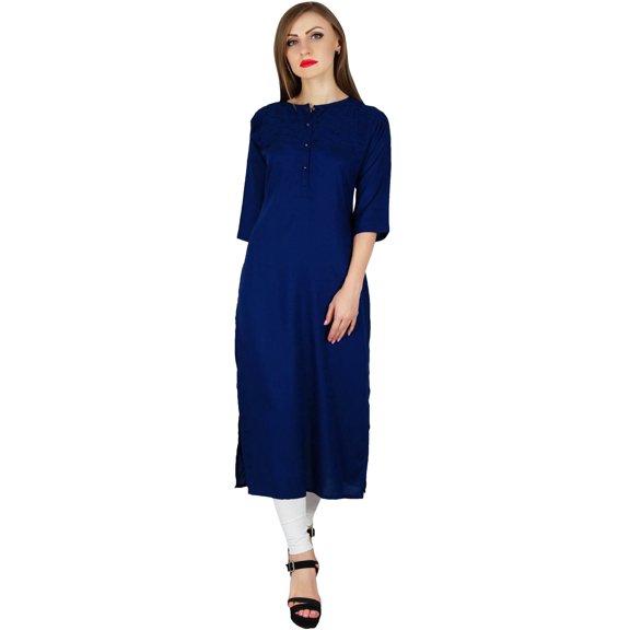 Bimba Women Blue Solid Rayon Kurta Kurti 3/4 Sleeve Casual Formal Tunic Blouse