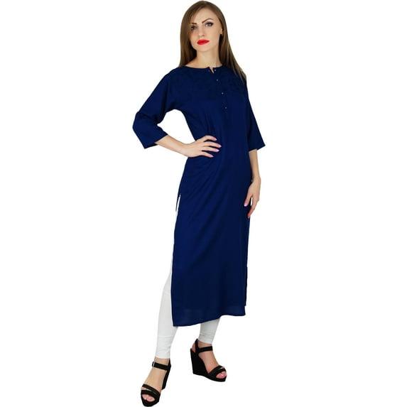 Bimba Women Blue Solid Rayon Kurta Kurti 3/4 Sleeve Casual Formal Tunic Blouse