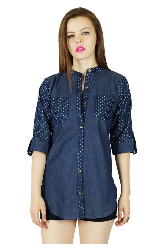 Women Blue custom Shirt Casual Top 3/4 Sleeve Formal Button Down Blouse