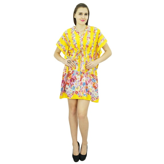 Bimba Women Bohemian Printed Kaftan Dress Cotton Short Tunic Beach Caftan