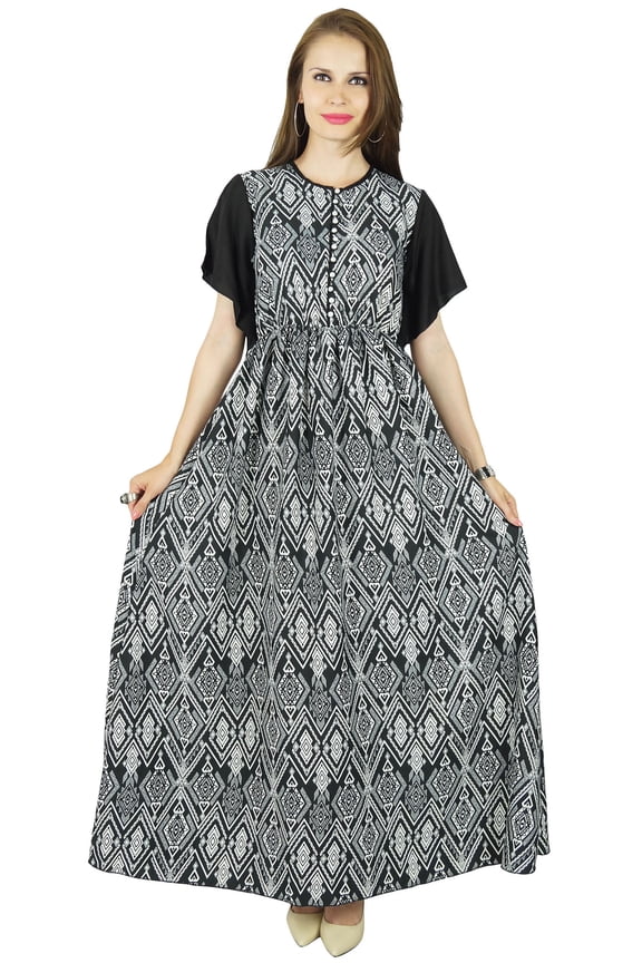 Women Boho Gothic Style Long Maxi Dress Frilled Kimono Sleeves- Elastic Waist