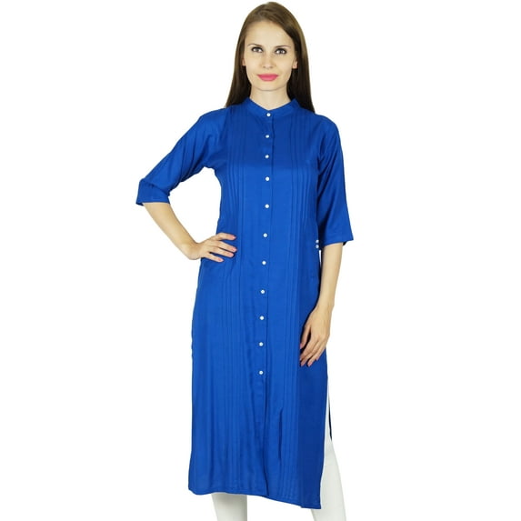 Bimba Women Button Down Rayon Kurta Kurti 3/4 Sleeve Formal Indian Casual Tunic Top
