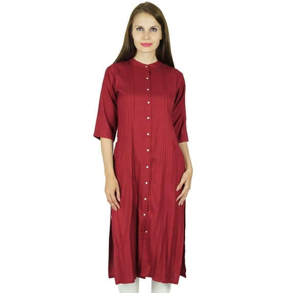 Bimba Women Button Down Rayon Kurta Kurti 3/4 Sleeve Formal Indian Casual Tunic Top