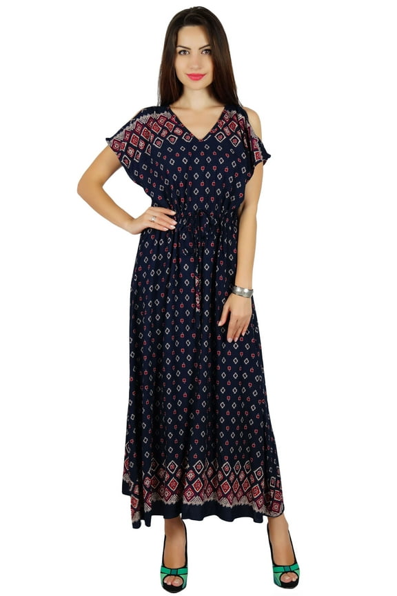 Women Casual Cold-Shoulder Long Maxi Dress With Drawstring Waist Boho Chic Summer Clothing