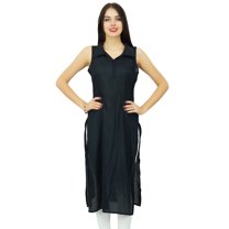 Bimba Women Casual Long Tunic Collar Neck Black Kurta Plain Black Kurti