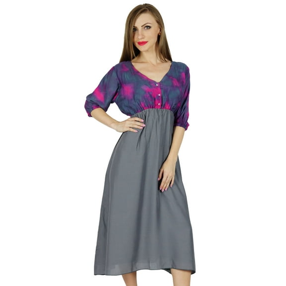 Bimba Women Casual Midi Shift Dress Chic Style Gray Rayon Day Dresses 3/4 Sleeve