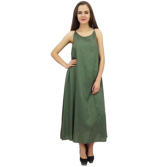 Bimba Women Casual Sage Green Cotton Modal Spaghetti Strap Dress With Scarf - 24