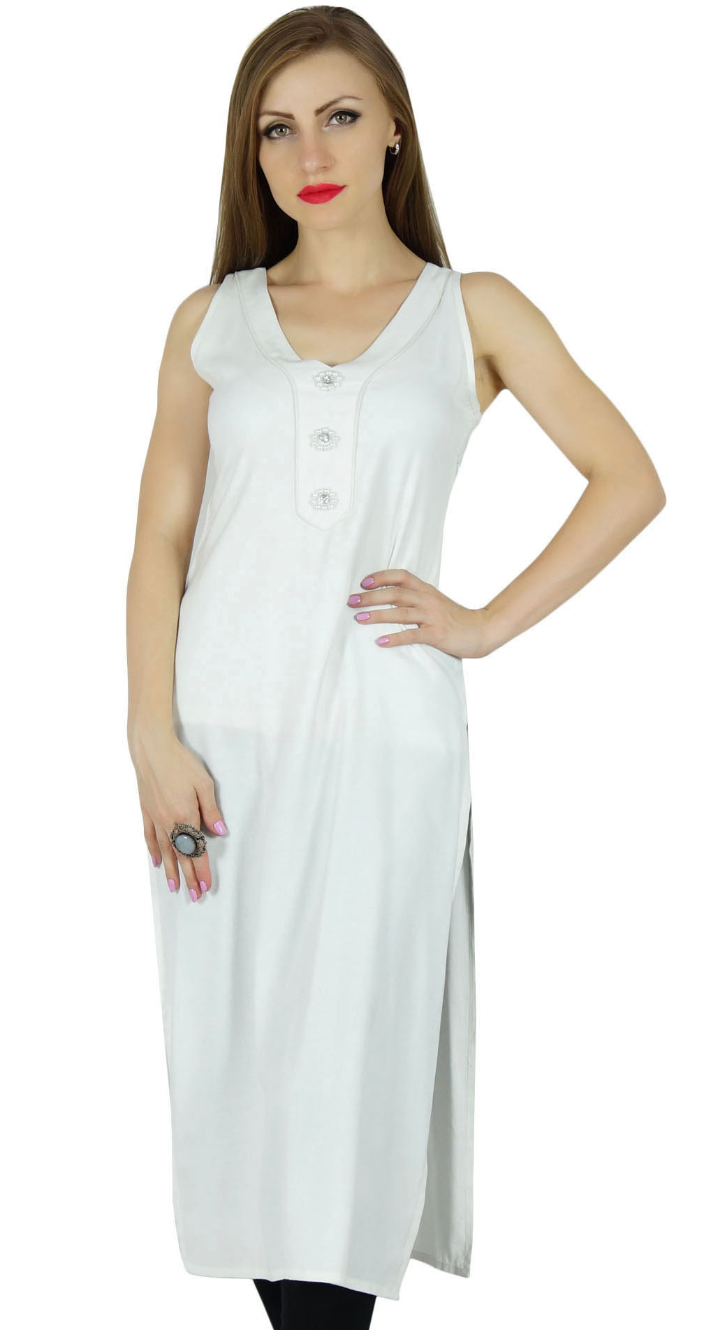 Bimba Women Casual White Tunic Beaded Neck Kurti Sleeveless Summer Wear