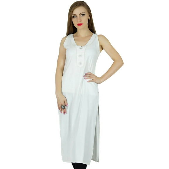 Bimba Women Casual White Tunic Beaded Neck Kurti Sleeveless Summer Wear Blouse