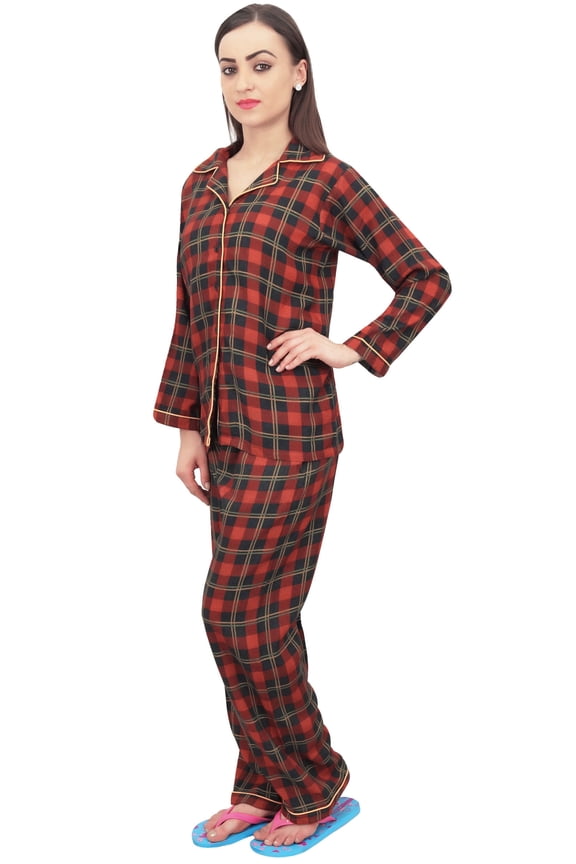 Women Check Print Pajama Pant Set With Full Sleeve Shirt Nightwer Suit - 24