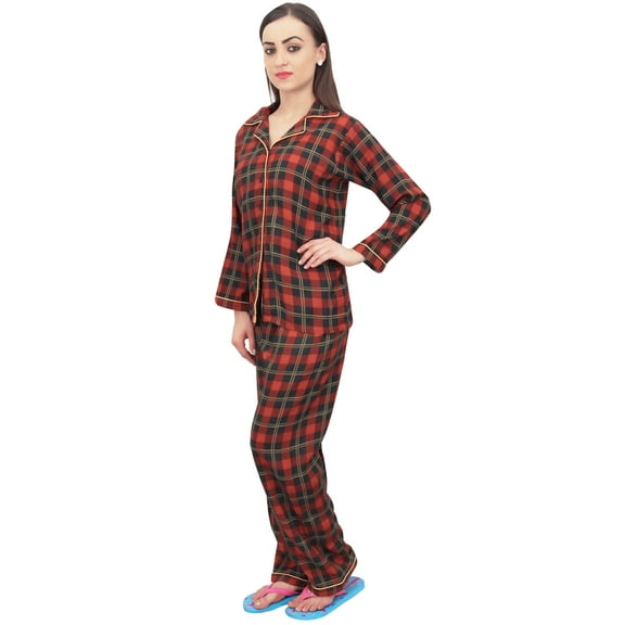 Bimba Women Check Print Pajama Pant Set With Full Sleeve Shirt Nightwer Suit - 4