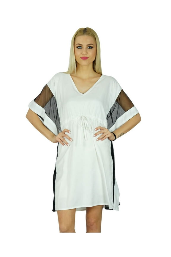 Women Chic Short Kaftan Net Kimono Sleeve Exclusive White Rayon Caftan Dress