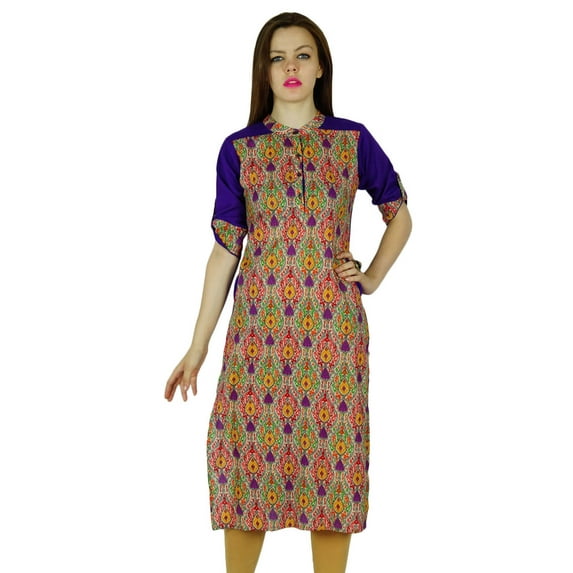 Bimba Women Chic Style Printed Cotton Kurta Kurti Long Flaired Tunic Thin Strap