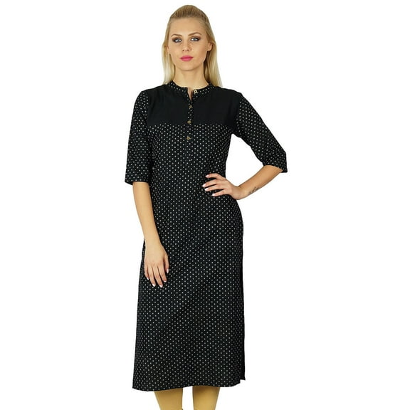 Bimba Women Chic Style custom Kurta Black Printed Top Tunic Boho 3/4 Sleeve Placket Blouse
