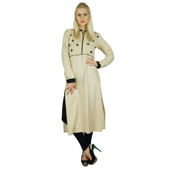 Bimba Women Classic Beige custom Kurti Full Sleeve Formal Long Rayon Blouse Tunic