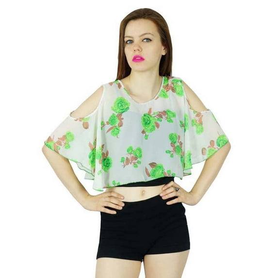 Bimba Women Cold Shoulder White custom Poncho Sheer Printed Coverup Top