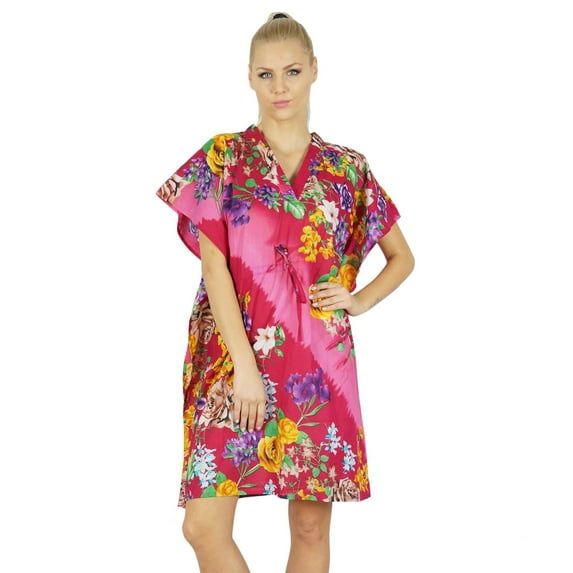 Bimba Women Cotton Kaftan Bridesmaid Short Pink Floral Chic Beach Caftan