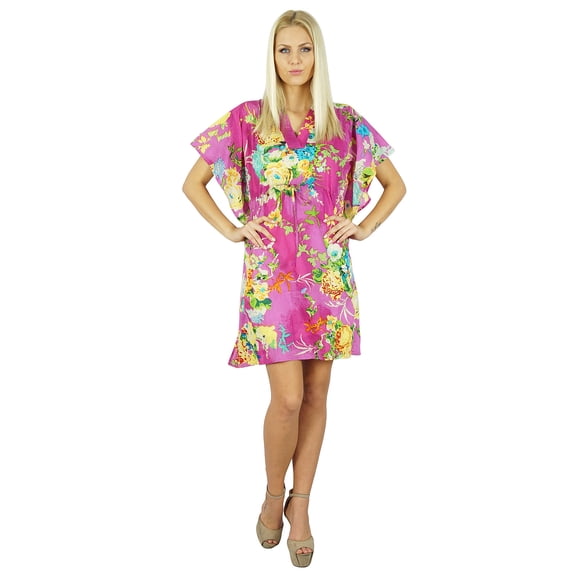 Bimba Women Cotton Kaftan Bridesmaid Short Pink Floral Chic Caftan