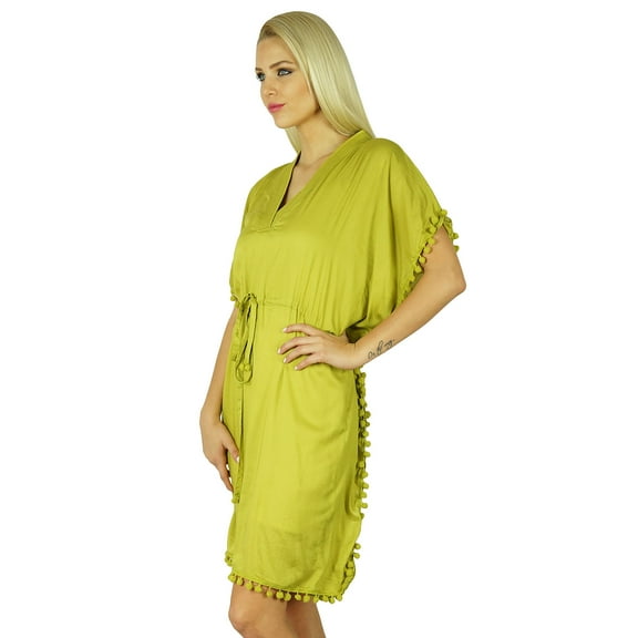 Bimba Women Cotton Kaftan With Pom Pom Tassels Short Caftan Beach Coverup