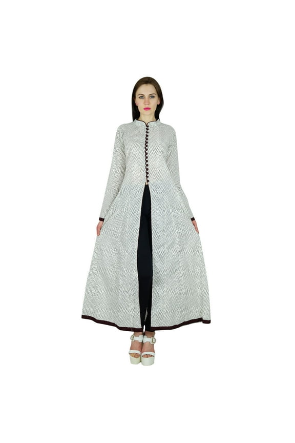 Women Cotton Kurta Long Kurti With Full Sleeve White Top Ethnic Indian Blouse With Slit