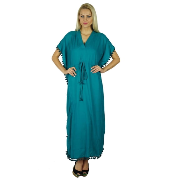 Bimba Women Cotton Long Kaftan With Pom Pom Tassels Maxi Caftan Beach Coverup