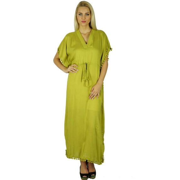 Bimba Women Cotton Long Kaftan With Pom Pom Tassels Maxi Caftan Beach Coverup