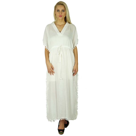Bimba Women Cotton Long Kaftan With Pom Pom Tassels Maxi Caftan Beach Coverup