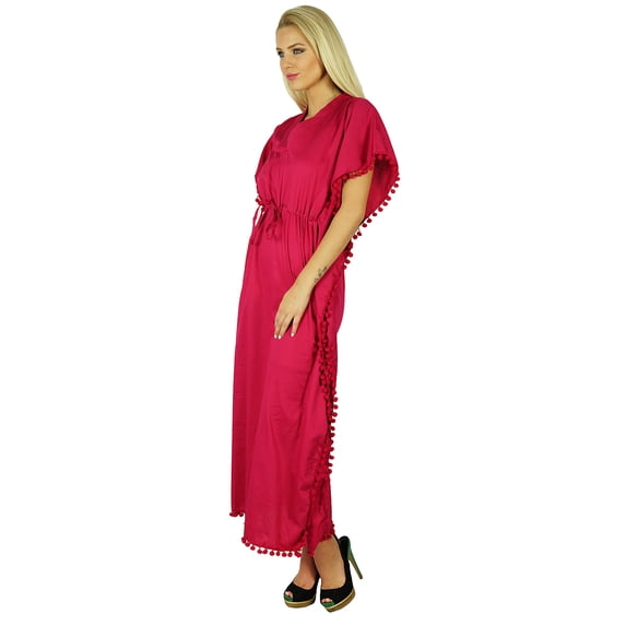 Bimba Women Cotton Long Kaftan With Pom Pom Tassels Maxi Caftan Beach Coverup